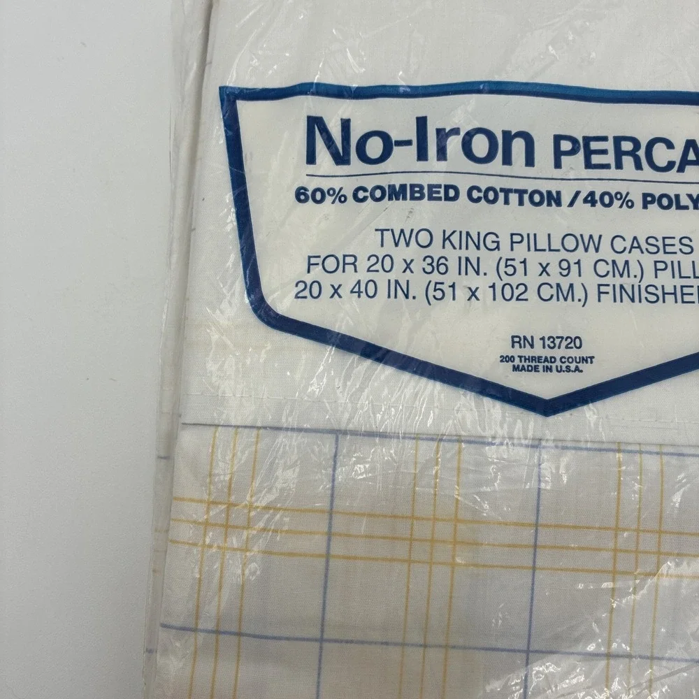Vintage King Pillowcases No-Iron Percale Plaid Blue Yellow White Set of 2 USA